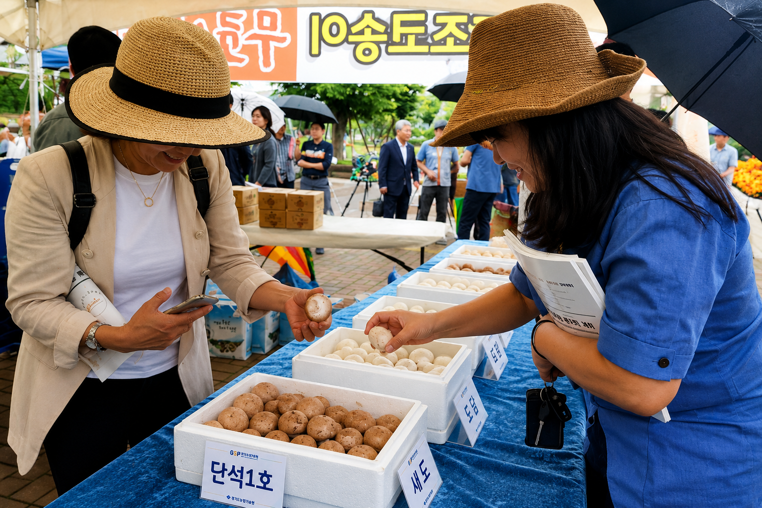 품종 전시장에서 양송이버섯을 살펴보는 모습