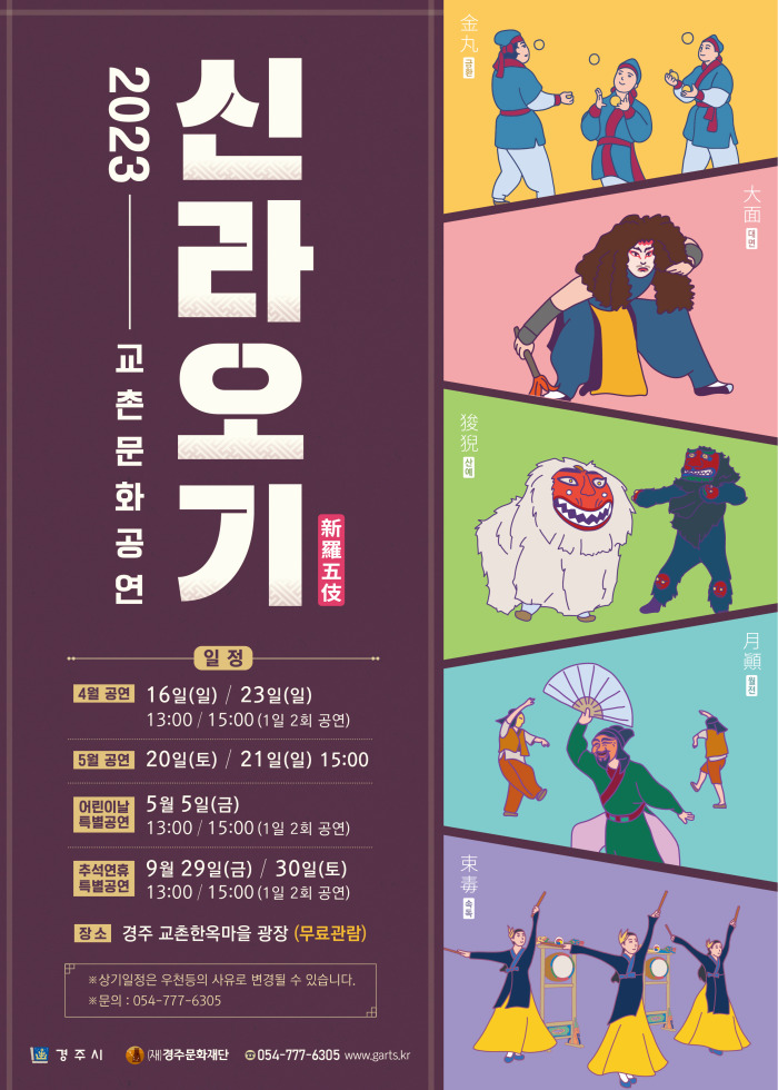 2023-교촌문화공연 신라오기(新羅五伎) 일정 -4월 공연 : 16일(일)/23일(일) 13:00/15:00(1일 2회 공연) -5월 공연 : 20일(토)/21일(일) 15:00 -어린이날 특별공연 : 5월 5일(금) 13:00/15:00(1일 2회 공연) -추석연휴 특별공연 : 9월 29일(금)/30일(토) 13:00/15:00(1일 2회 공연) -장소 : 경주 교촌한옥마을 광장(무료관람) *상기일정은 우천등의 사유로 변경할 수 있습니다. *문의 : 054-777-6305 |경주시|(재)경주문화재단|054-777-6305 www.garts.kr