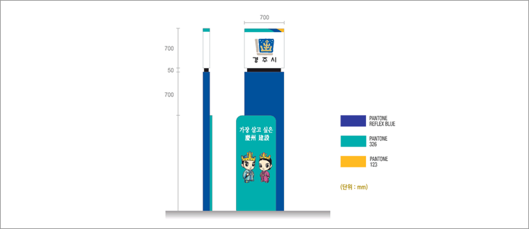 스탠딩사인_ 경주시_가장 살고 싶은 慶州 建設 (규격_단위mm : 가로-700, 세로-로고영역 700, 로고와 홍보문구판 간격 50, 홍보문구판 700/색상 : PANTONE REFLEX BLUE, PANTONE 326, PANTONE 123)