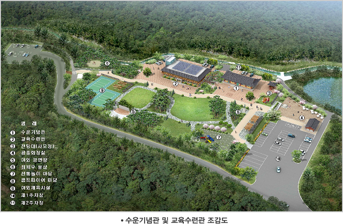 수운기념관 및 교육수련관 조감도 법례 1.수운기념관 2.교육수련관 3.전만대(사모정) 4.고중화장실 5.야회 공연장 6.최제우 동상 7.전통놀이 마당 8.캠프파이어 마당 9.야외체육시설 10.제1주차장 11.제2주차장