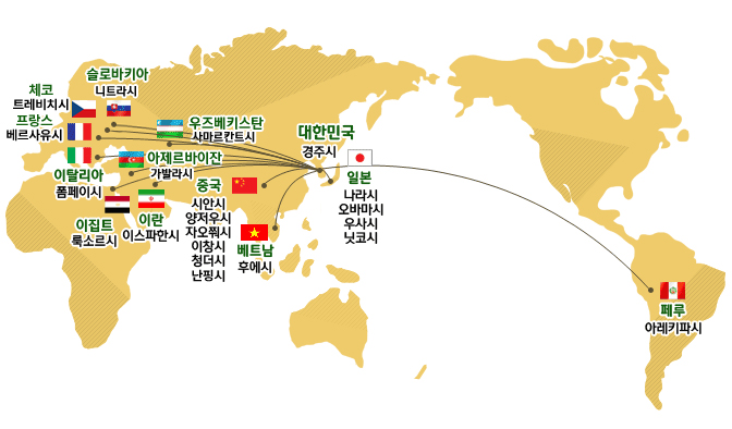 해외 자매우호도시 위치를 보여주는 세계지도 : 자세한 내용은 본문내용 참조