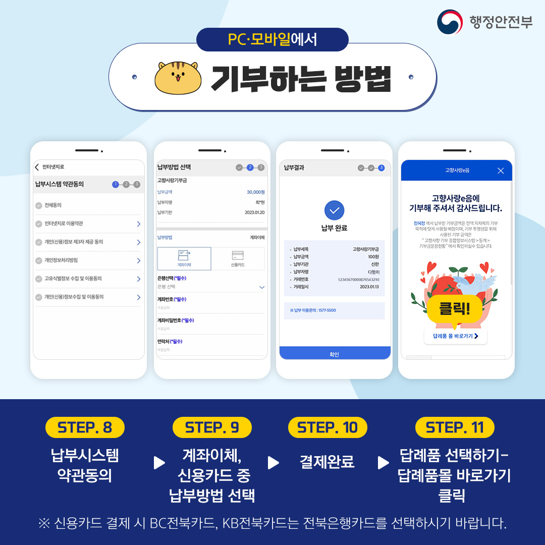 [행정안전부] PC·모바일에서 기부하는 방법 (고향사랑e음 모바일 화면) STEP.8 납부시스템 약관동의 → STEP.9 계좌이체, 신용카드 중 납부방법 선택 → STEP.10 결제완료 → STEP.11 답례품 선택하기 - 답례품몰 바로가기 클릭 ※ 신용카드 결제 시 BC전북카드, KB전북카드는 전북은행카드를 선택하시기 바랍니다.
