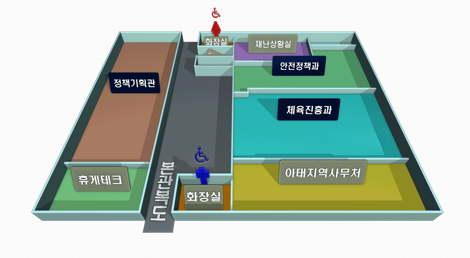 증축관2층은 본관입구기준으로 정면에서 봤을 때 복도 왼편 안쪽부터 앞쪽으로 정책기획관실, 휴게데크, 복도중앙에 안쪽부터 앞쪽으로 여자화장실, 여자장애인화장실, 계단, 로비, 남자화장실, 남자장애인화장실이 위치해 있으며, 복도 오른편 안쪽부터 앞쪽으로 재난상황실, 안전정책과, 체육진흥과, 아태지역사무처가 위치해 있습니다.
