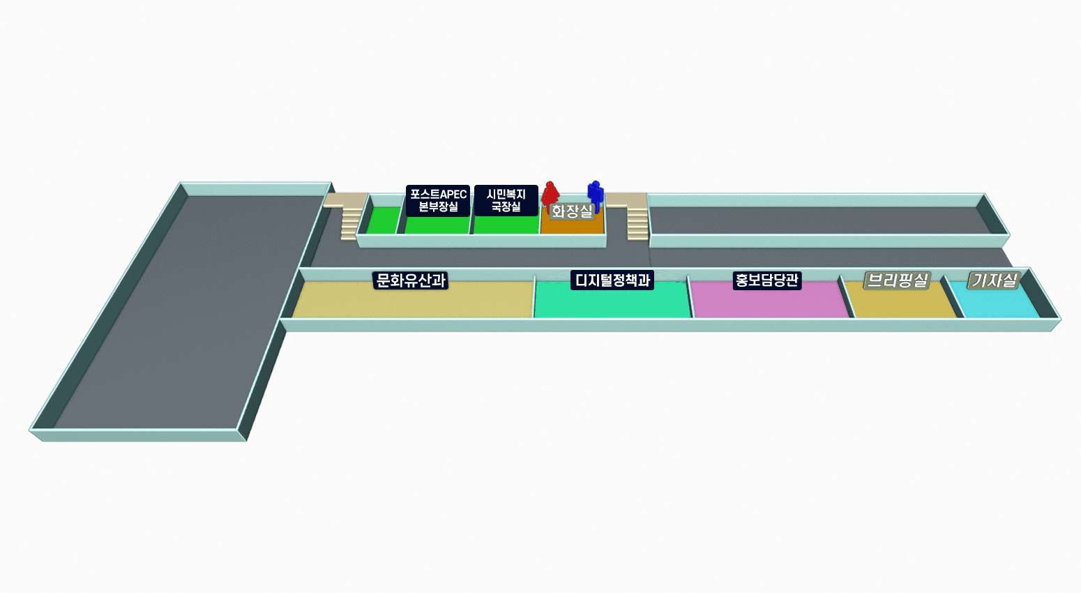 본관 정문 맞은편 계단으로 올라왔을 때를 기준 오른쪽으로 화장실, 시민복지국장실, 포스트APEC본부장실, 계단이 있고, 맞은편 오른쪽 끝에서 왼쪽으로 문화유산과, 디지털정책과, 홍보담당관, 브리핑실, 기자실이 있습니다.