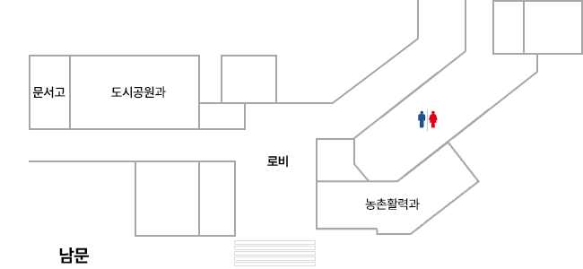 실내체육관 안내도 : 남문을 기준으로 남문우측에 계단이 있고 계단으로 들어가면 로비가 있고 우측에는 농촌활력과가 있습니다. 농촌활력과 앞에는 화장실이 있고, 로비에서 좌측 으로 들어서면 도시공원과, 문서고가 있습니다.