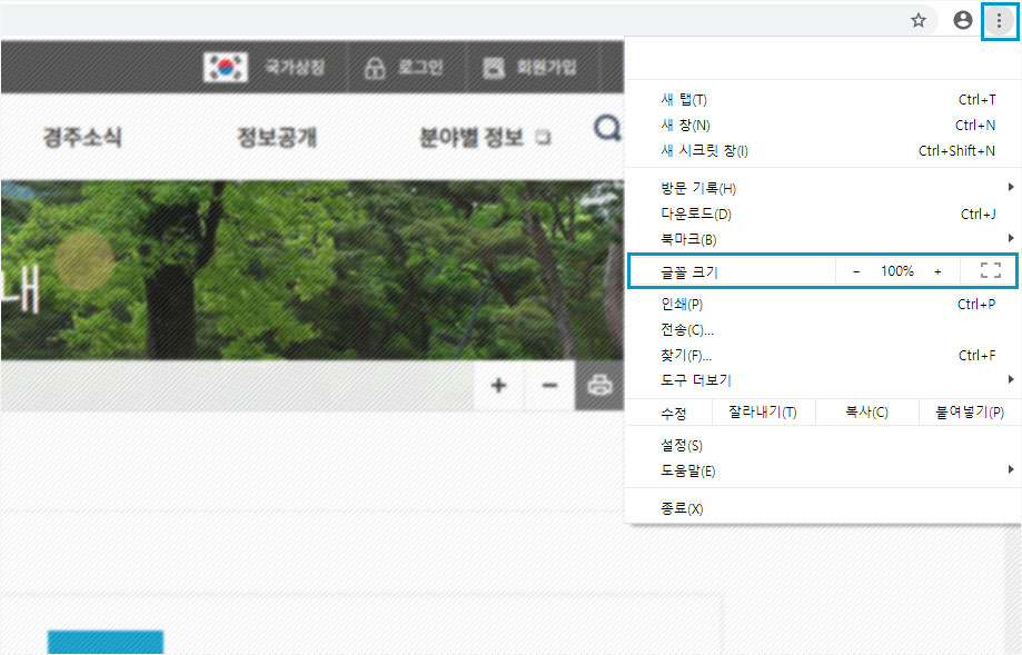 크롬 브라우저의 텍스트 크기 설정 화면