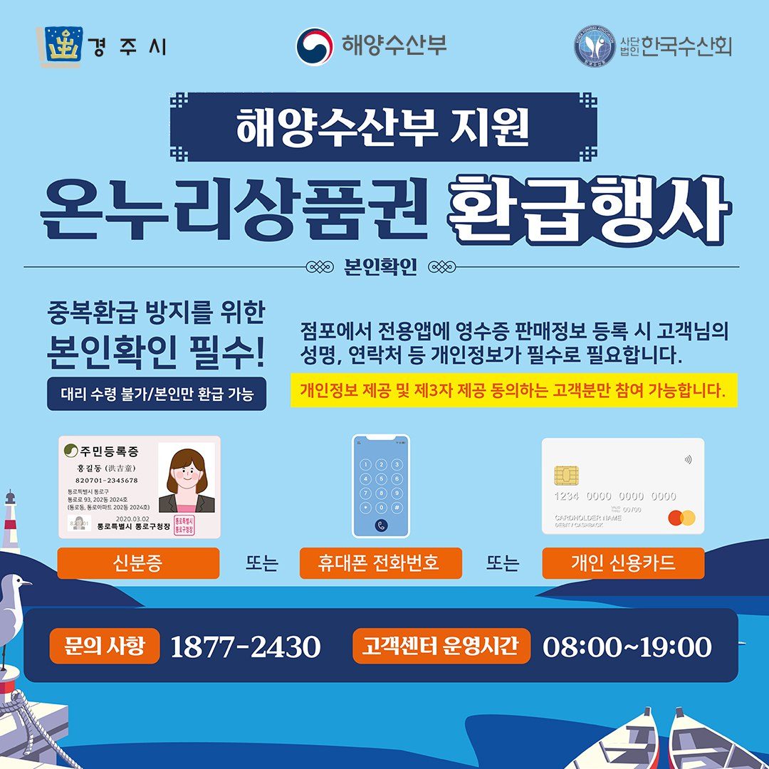 경주시, 해양수산부, 사단법인 한국수산회 /  해양수산부 지원 온누리상품권 환급행사 / 본인확인 : 중복환급 방지를 위한 본인확인 필수!(대리수령 불가, 본인만 환급 가능) 점포에서 전용앱에 영수증 판매정보 등록 시 고객님의 성명, 연락처 등 개인정보가 필수로 필요합니다.(개인정보 제공 및 제3자 제공 동의하는 고객분만 참여 가능합니다.) 신분증 또는 휴대폰 전화번호 또는 개인 신용카드. 문의사항 : 1877-2430 / 고객센터 운영시간 : 08:00 ~ 19:00