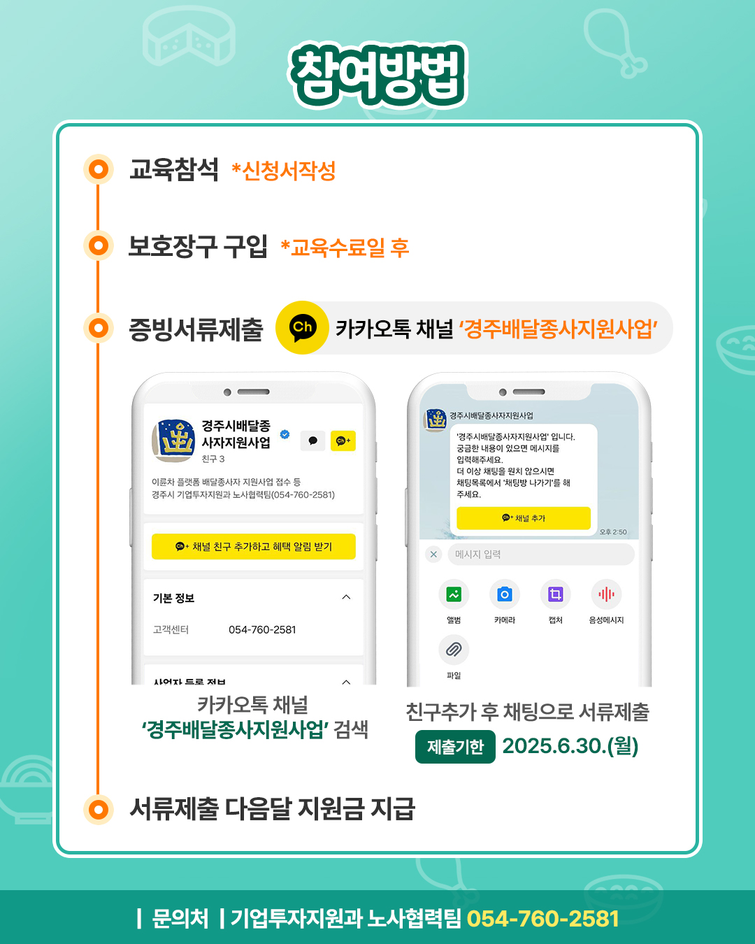 지원사업 지원대상 경주시민이며 경주소재 사업장에서 근무하는 이륜차 온라인플랫폼 배달종사자(2025. 3. 24. 기준) 지원내용 : 안전교육수료자에게 보호장구(헬멧, 블랙박스 등) 구입비 최대 10만원 지원 *보호장구범위 문의가능, 배달종사자확인서류 및 지출증빙서류 제출필수. 산업안전보건교육 일정(2시간) 3월 24일(월) 09:00~11:00, 14:00~16:00 3월 26일(수) 09:00~11:00, 14:00~16:00 위치 : 청소년수련관(알천북로 131)