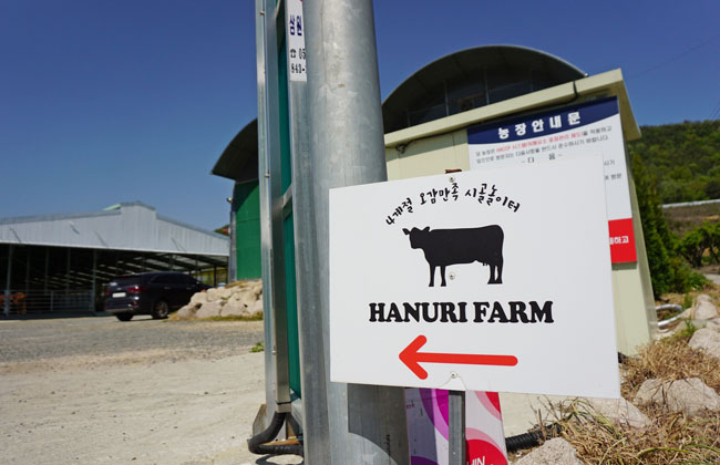 4계절 오감만족 시골놀이터 한우리팜이 적힌 안내 팻말