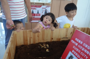 곤충관 유충 만지기체험하는모습이예요^^