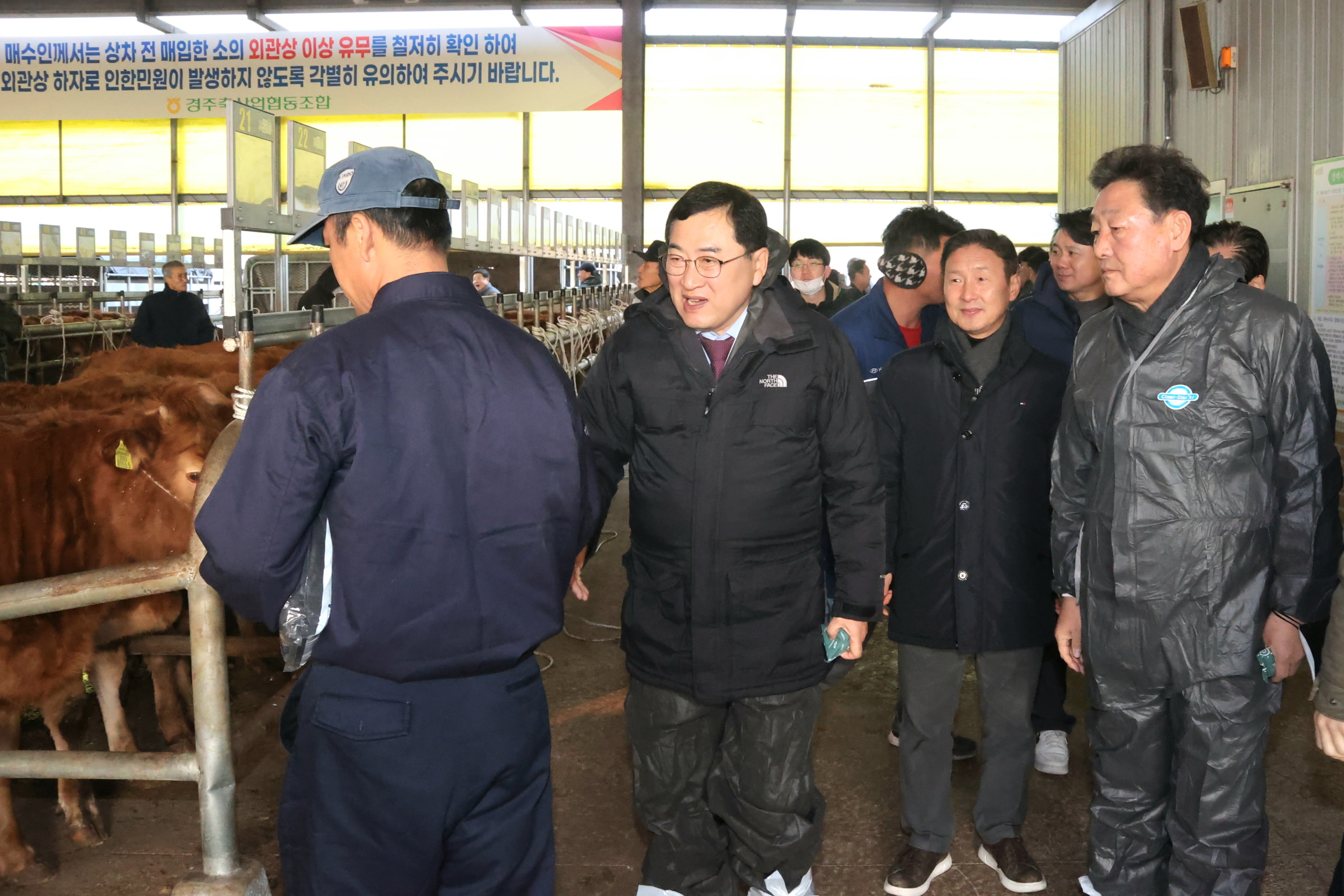 주낙영 경주시장이 지난 1월 20일 불국동 소재 경주가축시장을 찾아 한우 거래 현장을 둘러보고 축산농가 및 관계자들의 고충사항을 청취하고 있다.