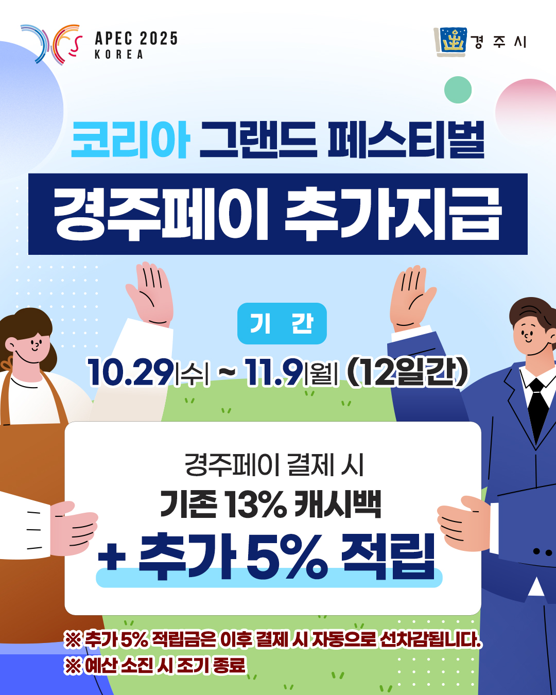 경주시는 오는 10월 29일부터 11월 9일까지 ‘코리아 그랜드 페스티벌’ 기간 경주페이 결제 시 기존 13%에 추가 5% 캐시백을 지급한다.