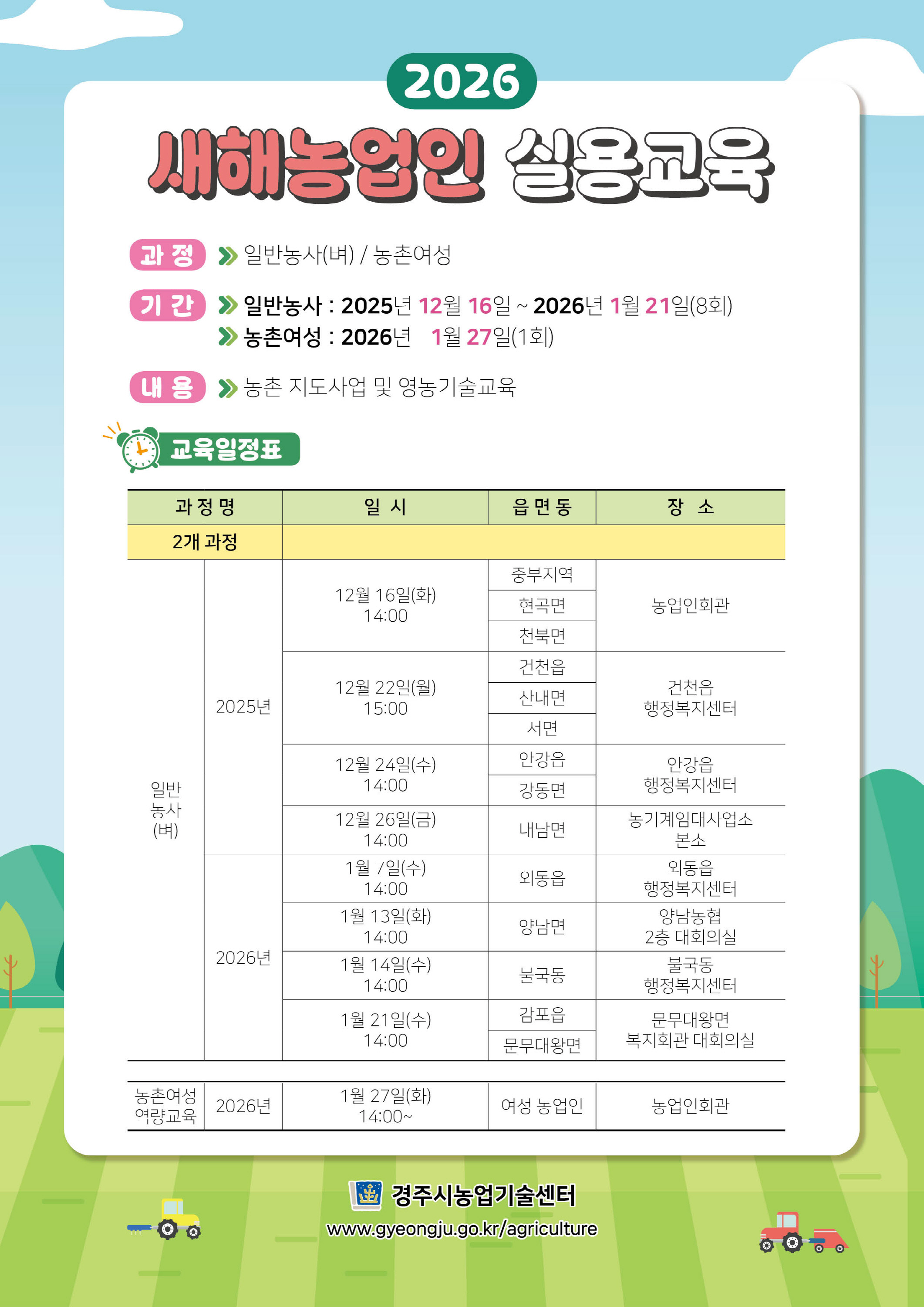2026년 새해농업인 실용교육 교육일정표