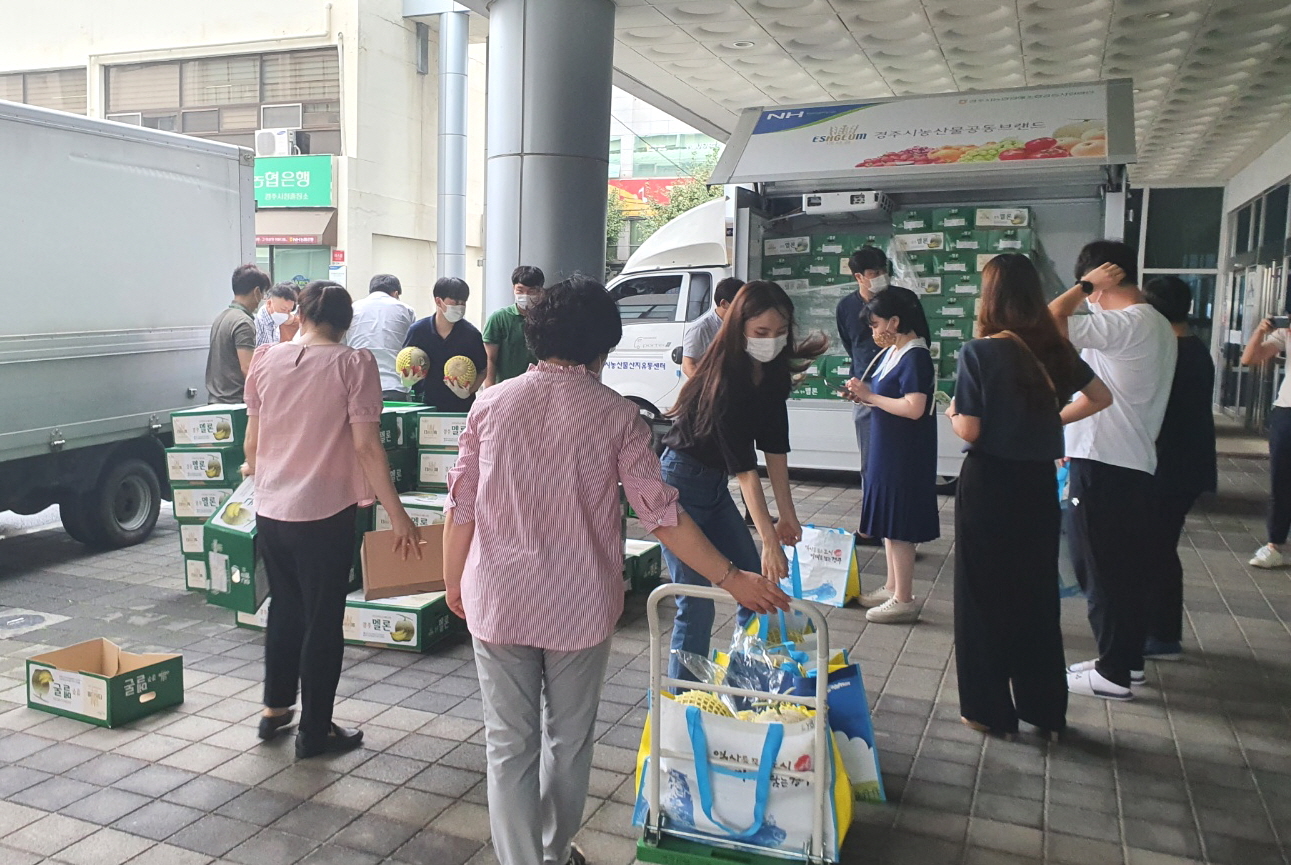 경주시가 지난 26일 경주시 농협원예조합공동사업법인과 함께 경주시 직원들을 대상으로 지역 농산물인 ‘이사금 멜론’ 구매 행사를 진행하고 있다