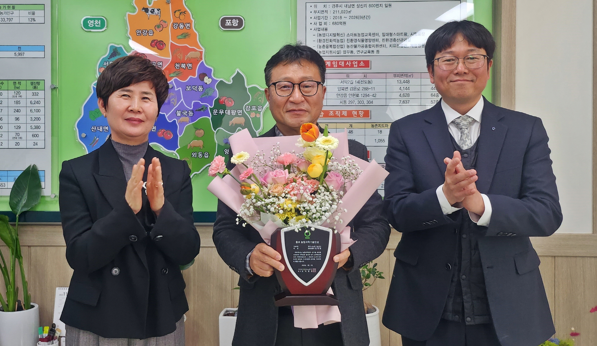 경주시는 김정필 경주시 농업기술센터 농업진흥과장이 ‘제5회 동오농업과학기술인상’ 대상을 수상했다고 8일 밝혔다. 사진 좌측부터 이정숙 경주시 농업기술센터 소장, 김정필 농업진흥과장, 여무일 동오농촌재단 대구지사 여무일 소장.