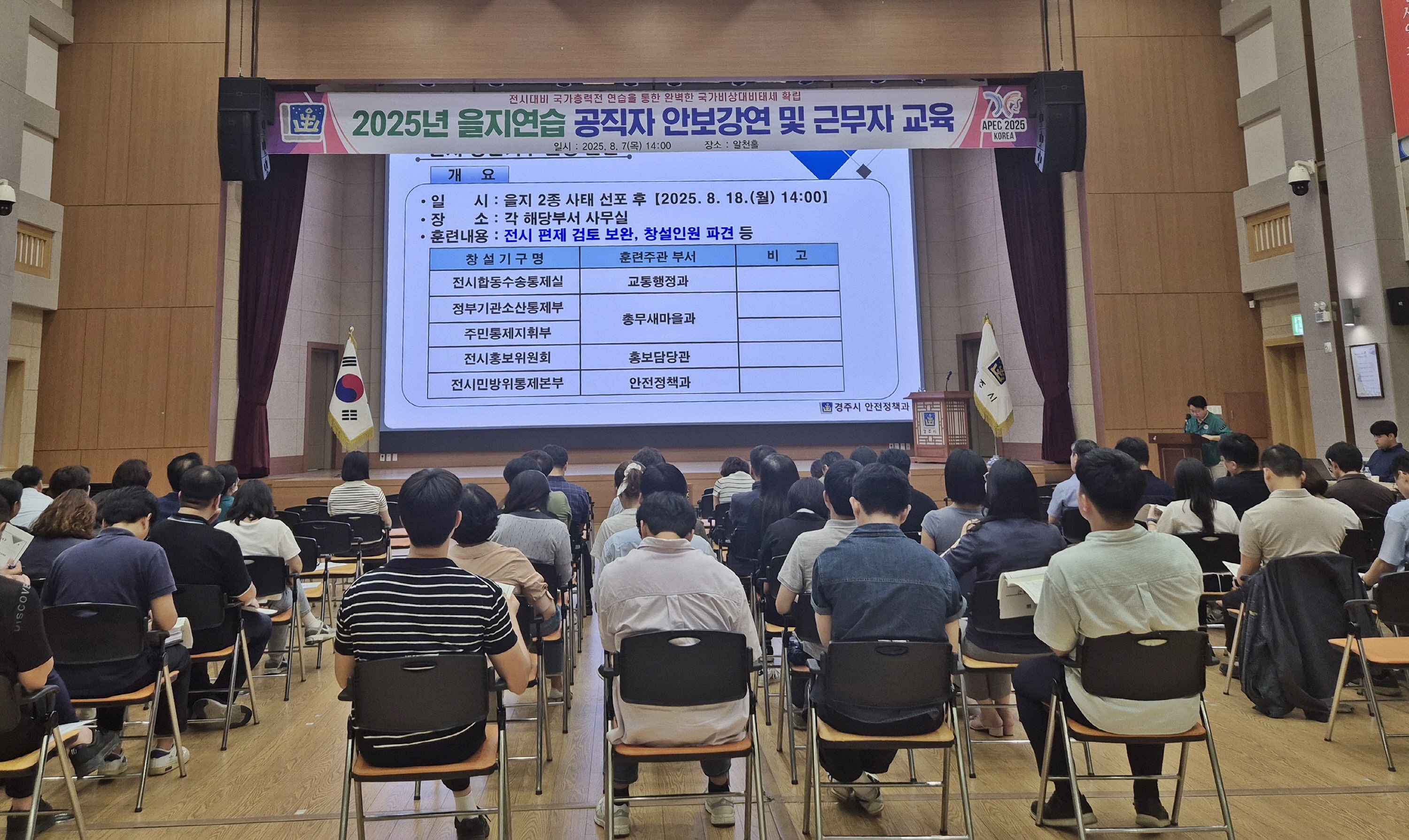 7일 경주시청 알천홀에서 열린 ‘2025년 을지연습’ 대비 공직자 안보강연 및 근무자 교육에서 참석자들이 강연을 듣고 있다.