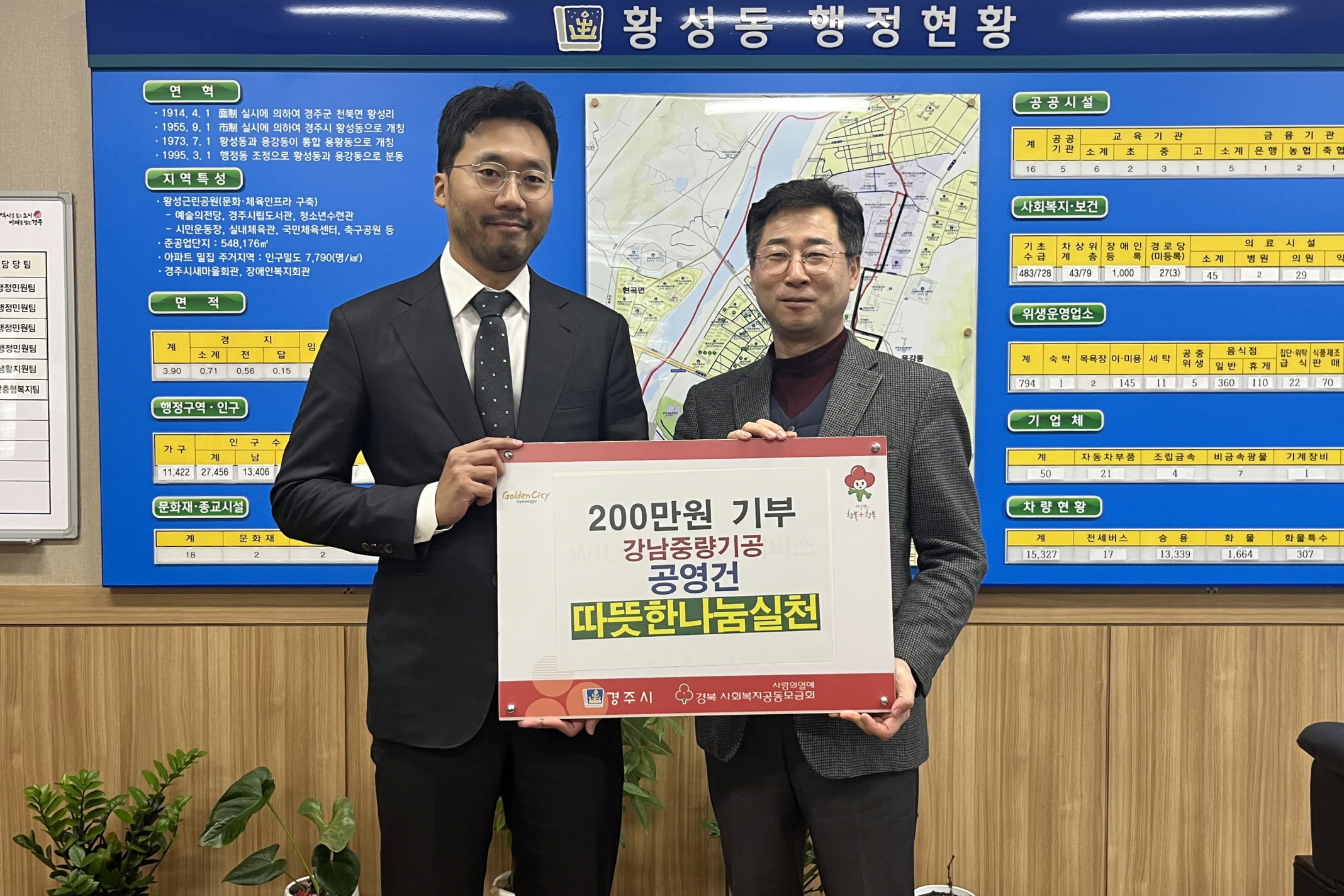 강남중량기공이 황성동에 성금을 기탁했다.