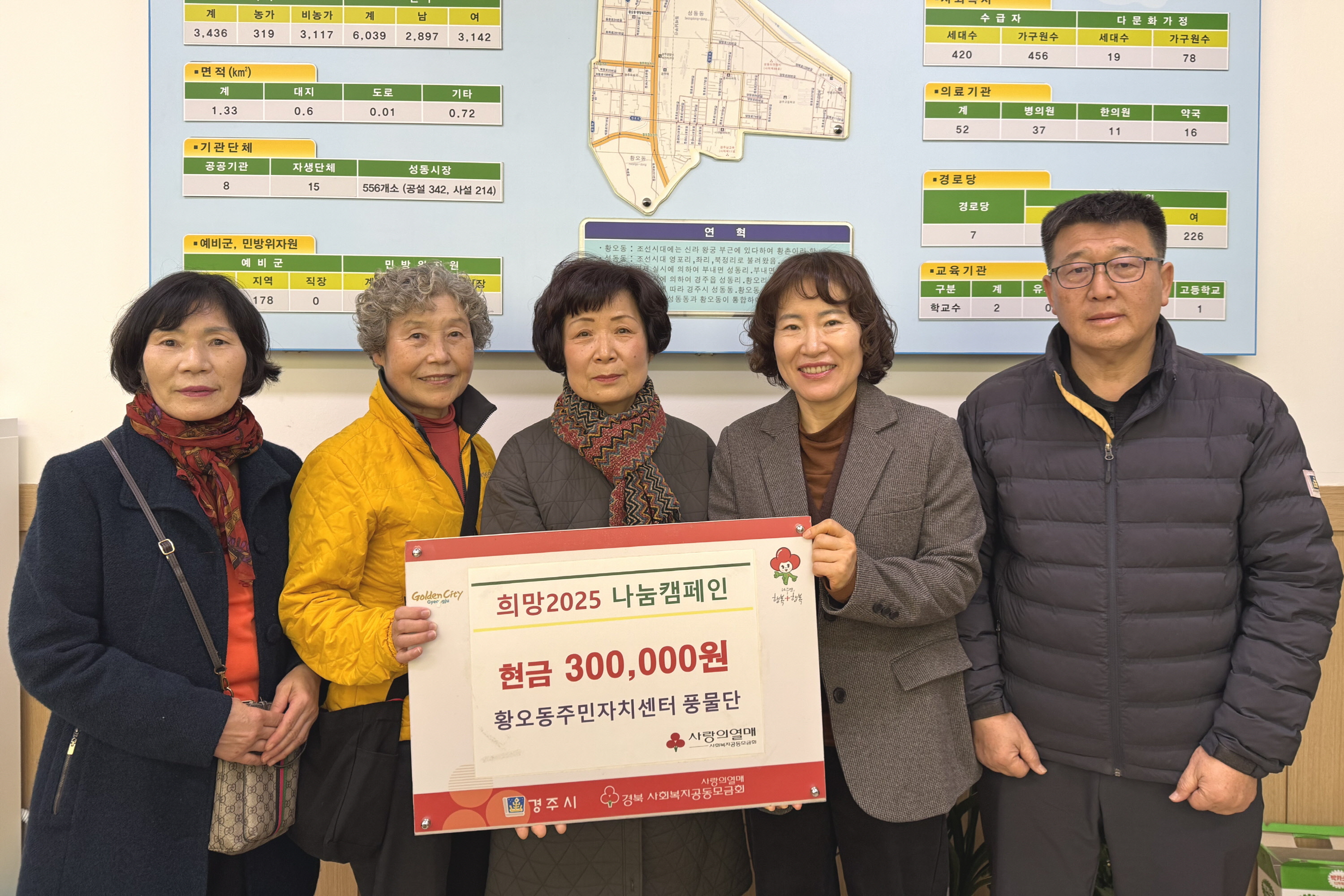 황오동 주민자치센터 풍물단이 성금을 기탁했다.