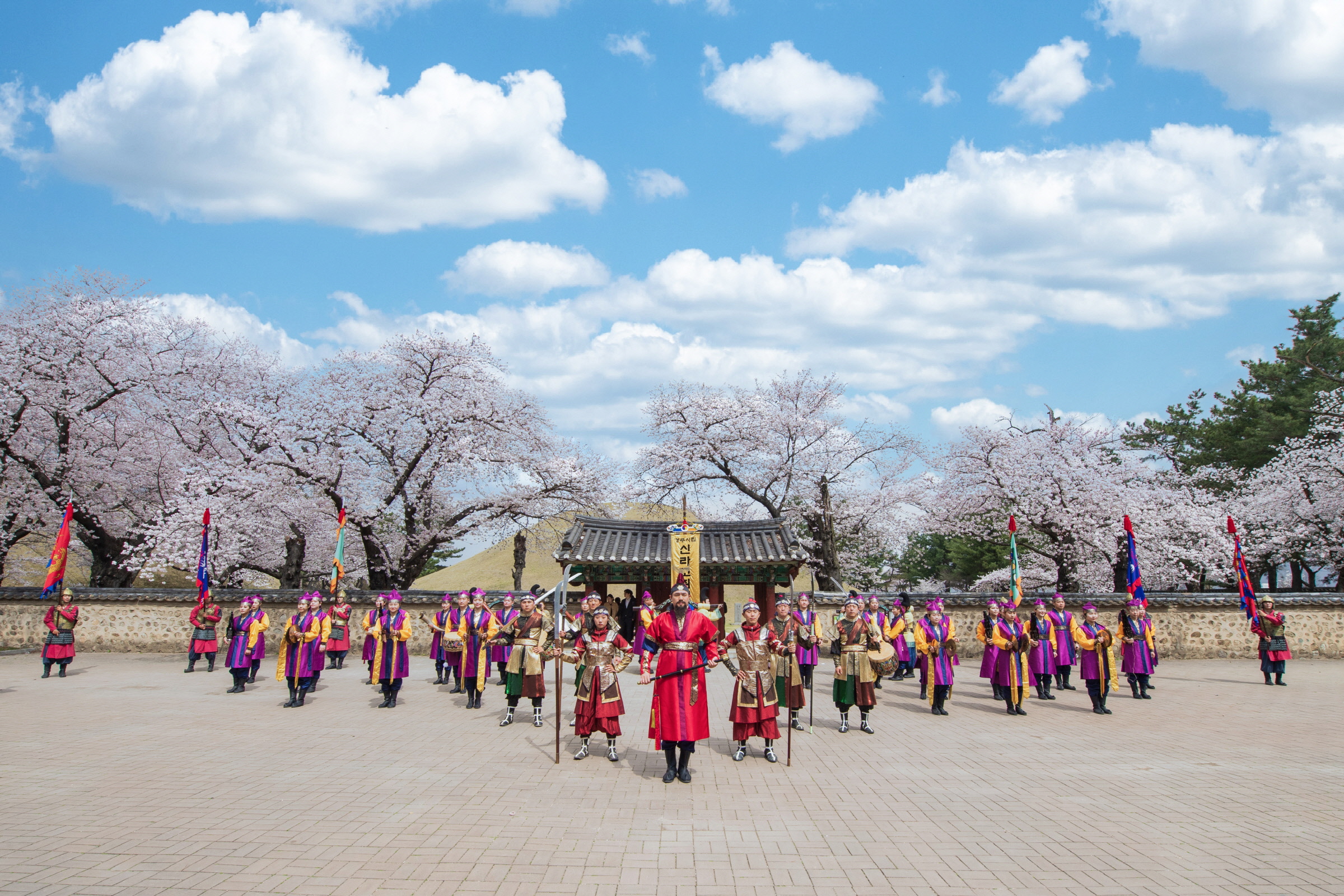 신라고취대가 지난해 3월 벚꽃시즌을 맞아 분황사에서 야외 특별공연을 펼치고 있다.