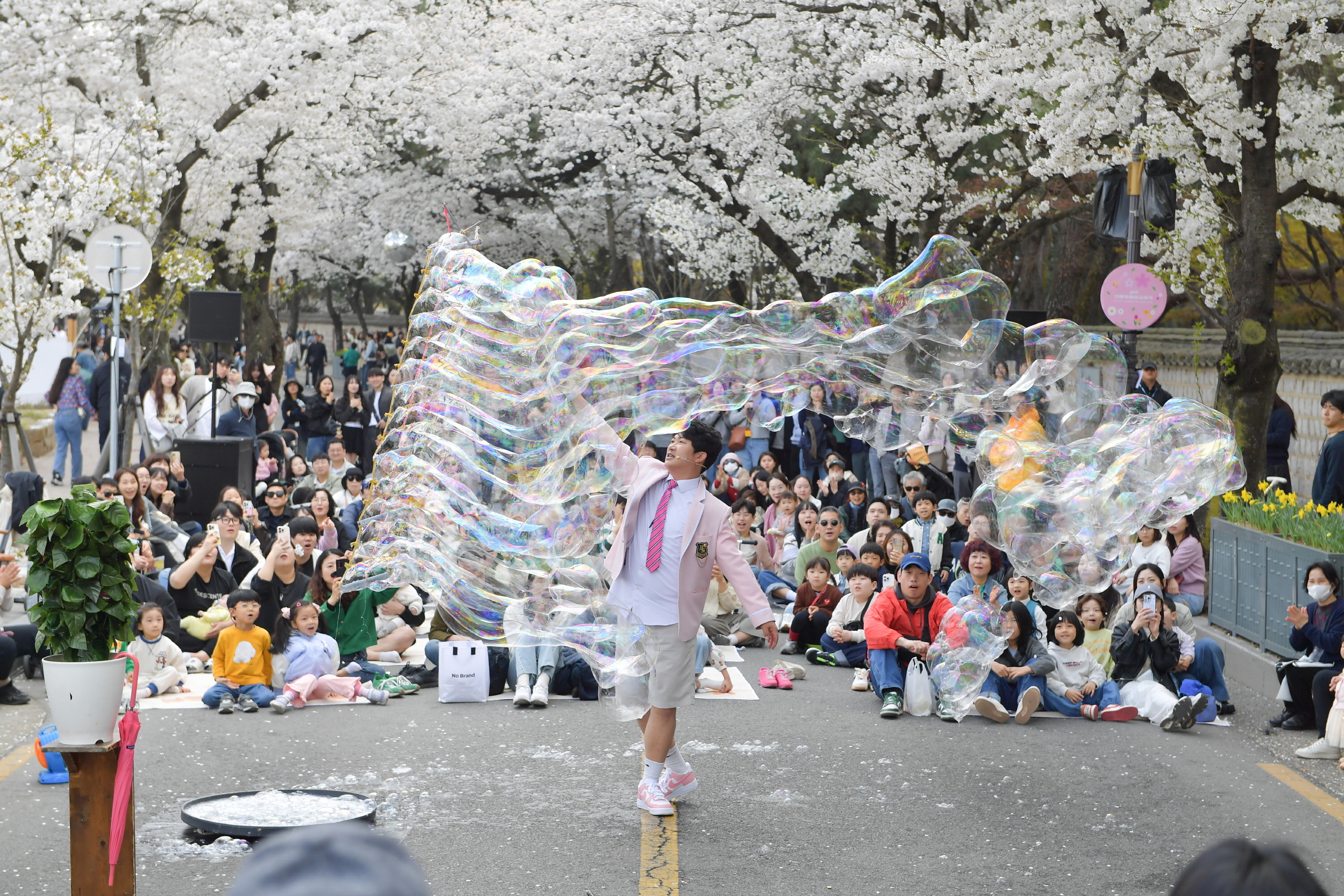 지난 4일부터 6일까지 사흘간 열린 ‘2025 경주 대릉원돌담길 축제’ 기간, 경주 대릉원 돌담길에서 펼쳐진 버블 퍼포먼스를 시민과 관광객들이 즐기고 있다.