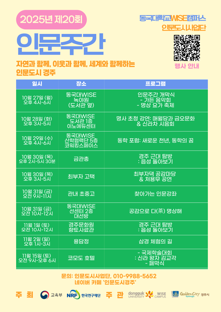 2025년 제20회
인문주간
자연과 함께, 이웃과 함께, 세계와 함께하는
인문도시 경주
행사 안내 (QR코드 접속링크 : 네이버 카페)
일시
장소
프로그램

10월 27일 (월) 오후 4시~6시
동국대WISE 녹야원 (도서관 옆)
인문주간 개막식

가든 음악회

명상 요가 축제

10월 28일 (화) 오후 3시~5시
동국대WISE 도서관 1층 에노에듀센터
명사 초청 강연: 매월당과 금오문화
& 신라차 시음회

10월 29일 (수) 오후 4시~6시
동국대WISE 산학협력단 5층 코워킹스페이스
동학 포럼: 새로운 청년, 동학의 꿈

10월 30일 (목) 오후 2시~5시 30분
금관총
경주 근대 탐방
: 읍성 돌아보기

10월 30일 (목) 오후 3시~5시
최부자 고택
최부자댁 공감마당
& 처용무 공연

10월 31일 (금) 오전 9시~11시
관내 초중고
찾아가는 인문강좌

10월 31일 (금) 오전 10시~12시
동국대WISE 선센터 2층 대선방
공감으로 다(茶) 명상해

11월 1일 (토) 오전 10시~12시
경주문화원 향토사료관
경주 근대 탐방
: 음성 돌아보기

11월 2일 (일) 오후 1시~3시
용담정
삼국 체험의 길

11월 15일 (토) 오전 9시~오후 6시
코모도 호텔

국제학술대회
: 신라 왕자 김교각

폐막식

문의: 인문도시사업단, 010-9988-5652
네이버 카페 ‘인문도시경주’

주최
교육부 NRF 한국연구재단

주관
dongguk UNIVERSITY
WISE CAMPUS
Golden City 경주시
