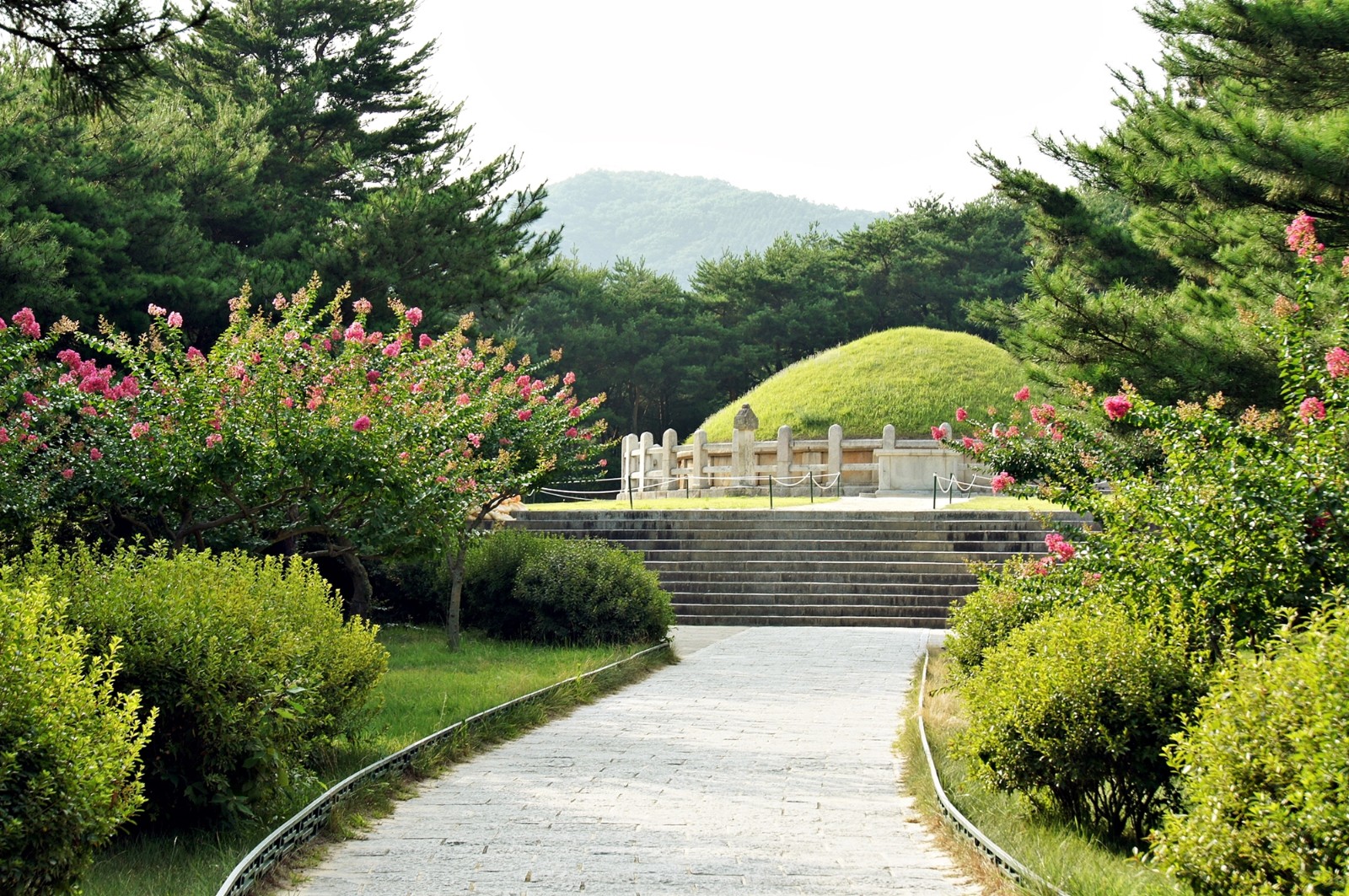 김유신장군묘와 그 앞으로 꽃이 활짝 펴 있는 모습