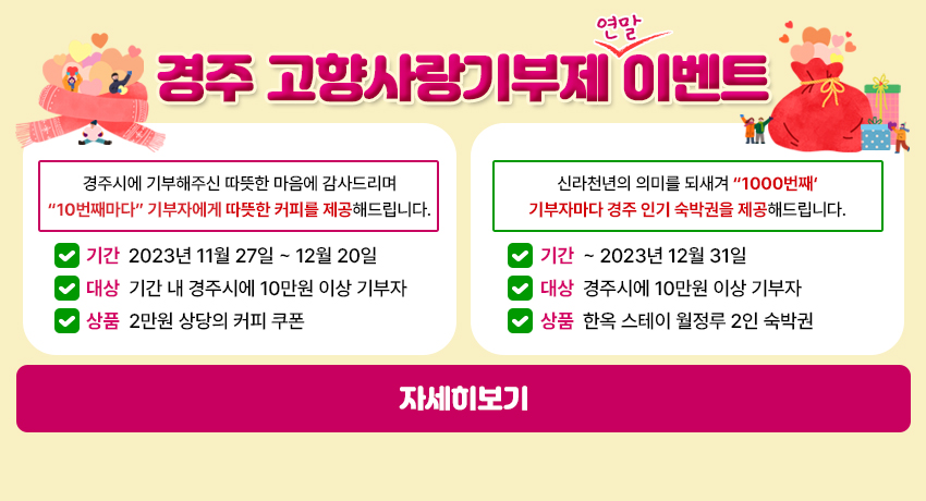 경주 고향사랑기부제 연말 이벤트 - 경주시에 기부해주신 따뜻한 마음에 감사드리며 10번째마다 기부자에게 따뜻한 커피를 제공해드립니다. 기간 : 2023년 11월 27일 ~ 12월 20일, 대상 :   기간 내 경주시에 10만원 이상 기부자, 상품 : 2만원 상당의 커피 쿠폰 / 신라천년의 의미를 되새겨 “1000번째‘ 기부자마다 경주 인기 숙박권을 제공해드립니다. 기간 : ~ 2023년 12월 31일, 대상 : 경주시에 10만원 이상 기부자, 상품 : 한옥 스테이 월정루 2인 숙박권 / 자세히보기
