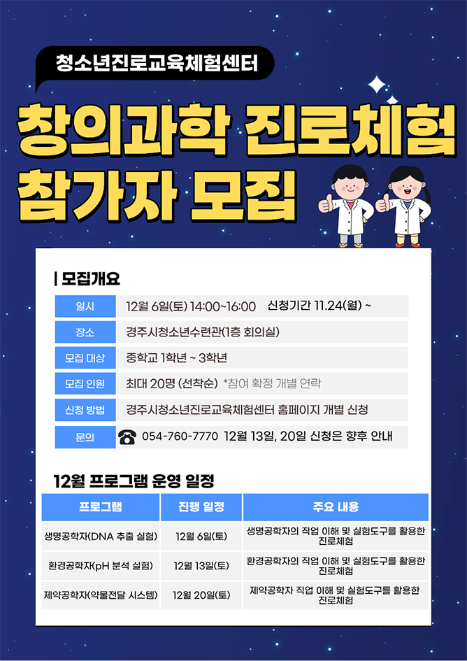 청소년진로교육체험센터 창의과학 진로체험 참가자 모집 | 모집개요 [일시] 12월 6일(토) 14:00~16:00 [신청기간] 11.24(월) ~ [장소] 경주시청소년수련관(1층 회의실) [모집 대상] 중학교 1학년 ~ 3학년 [모집 인원] 최대 20명(선착순) *참여 확정 개별 연락 [신청 방법] 경주시청소년진로교육체험센터 홈페이지 개별 신청 [문의] 054-760-7770 12월 13일, 20일 신청은 향후 안내 | 12월 프로그램 운영 일정 [생명공학자(DNA 추출 실험)] 12월 6일(토) 생명공학자의 직업 이해 및 실험도구를 활용한 진로체험 [환경공학자(pH 분석 실험)] 12월 13일(토) 환경공학자의 직업 이해 및 실험도구를 활용한 진로체험 [제약공학자(약물전달 시스템)] 12월 20일(토) 제약공학자 직업 이해 및 실험도구를 활용한 진로체험